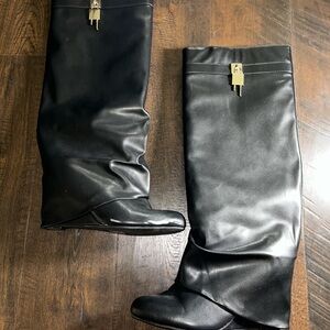 EGO Black Tall Fold-Over Leather Lock Boots with Silver Hardware